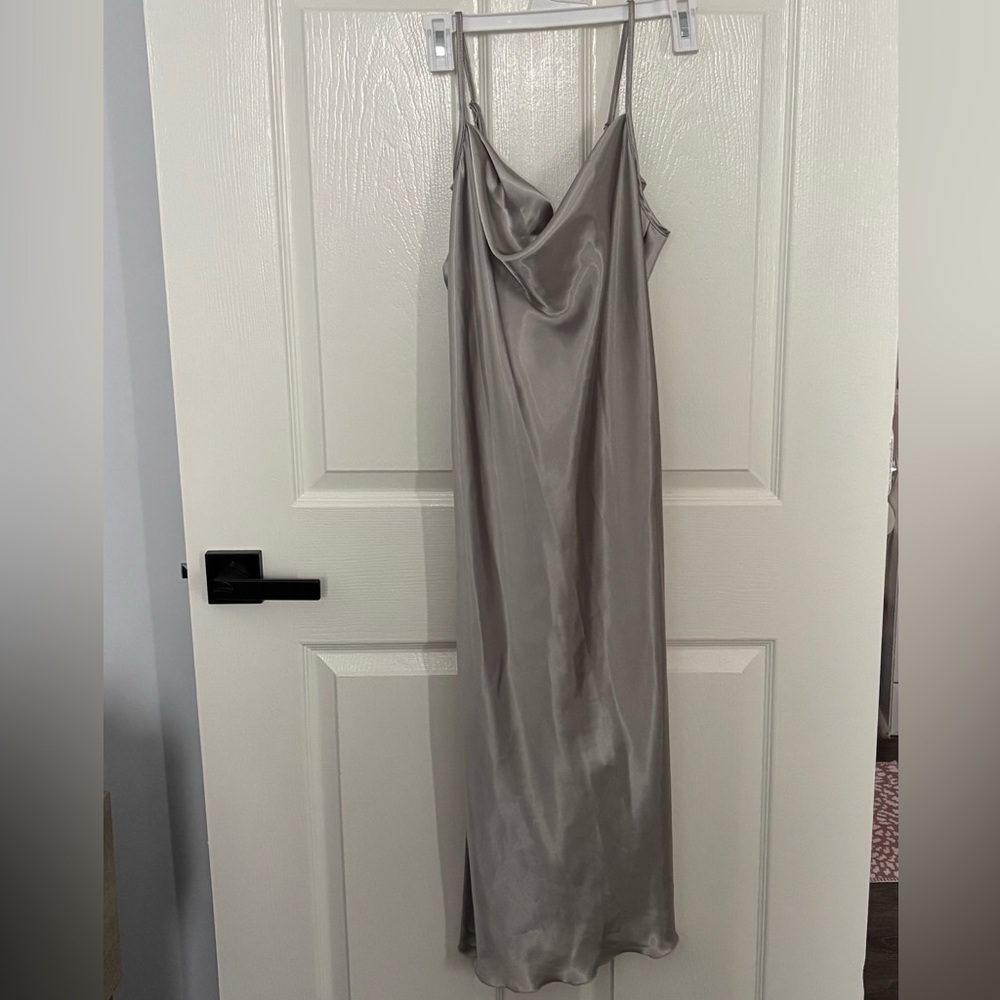 NWOT Bebe Silver Satin Cowl Neck Dress